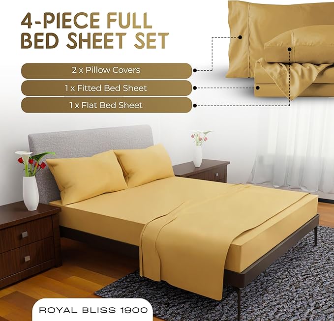 Full Size Bed Sheets – 4Pcs Bed Sheets Full Size Set, Deep Pocket, Double Brushed Microfiber, Fade Resistant, Soft & Breathable for Cozy and Comfortable Sleep(Gold)