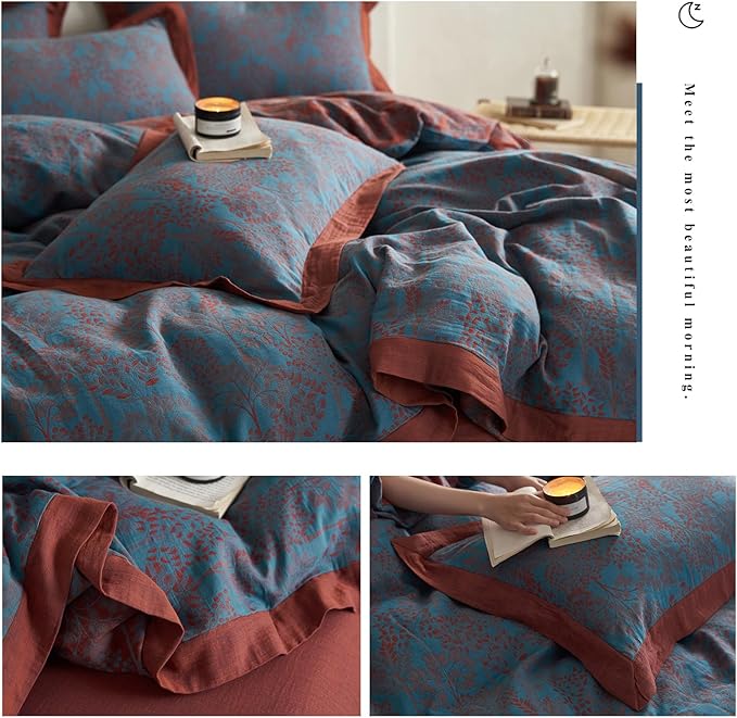 VM VOUGEMARKET Blue Red Duvet Cover Queen,3 Pieces Retro Jacquard Forest Theme Tree Leaves Bedding Set,Linen Cotton Yarn-Dyed Textured Duvet Cover with Zipper Closure
