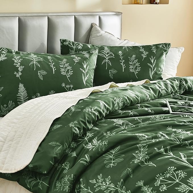 MUXHOMO Duvet Cover King Size, Reversible Floral Dark Green Duvet Cover Set with Zipper Closure, 3 Pieces Botanical Patterns Soft Microfiber Bedding Set (90"x104", 2 Pillow Cases 20"×36")