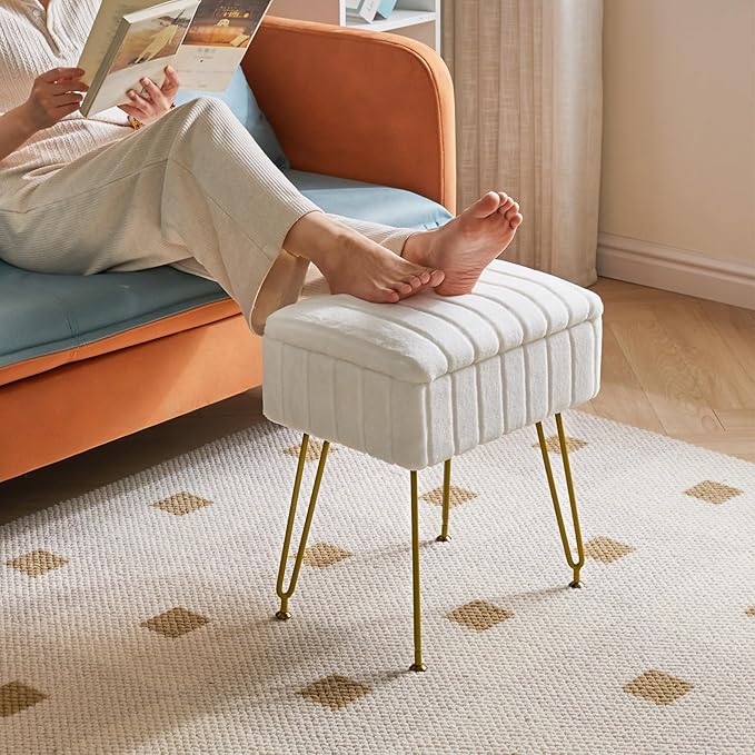 IBUYKE Vanity Chair with Storage Space, Footrest Ottoman, Small Side Table, Vanity Stool for Makeup Room, Bedroom, with Anti-Slip Feet, Faux Fur, White LG-50W