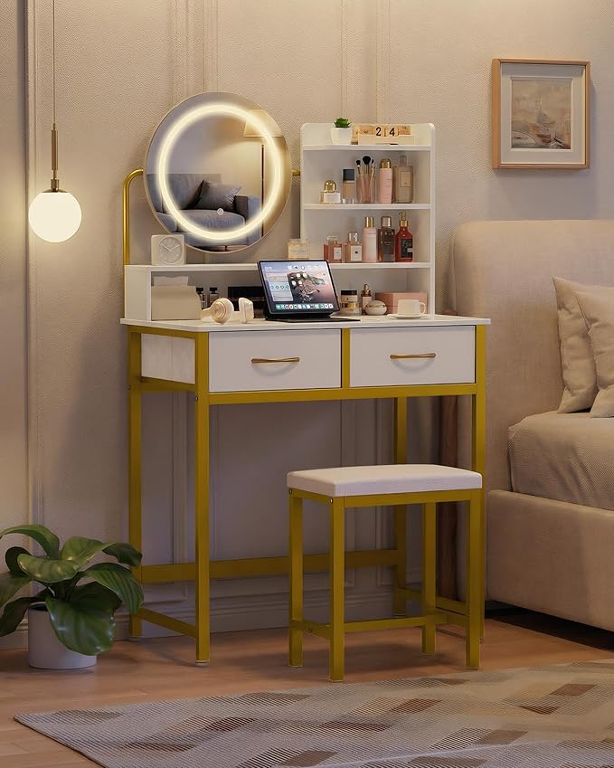 Kitsure Vanity Desk with Mirror and Lights - 3 Mode Lighted Makeup Vanity for Girls, Anti-Tipping Small Vanity with Chair for Bedrooms, Dressing Rooms, Walk-in Closet, Gold, 31.5" x 17.7" x 50.6"