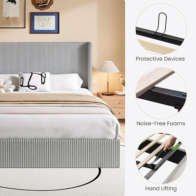 SHA CERLIN King Size Lift Up Storage Bed Frame, Modern Upholstered Wingback Headboard, Hydraulic Support & Underneath Storage, Soft Corduroy Fabric Platform Bed, No Box Spring Needed, Light Grey