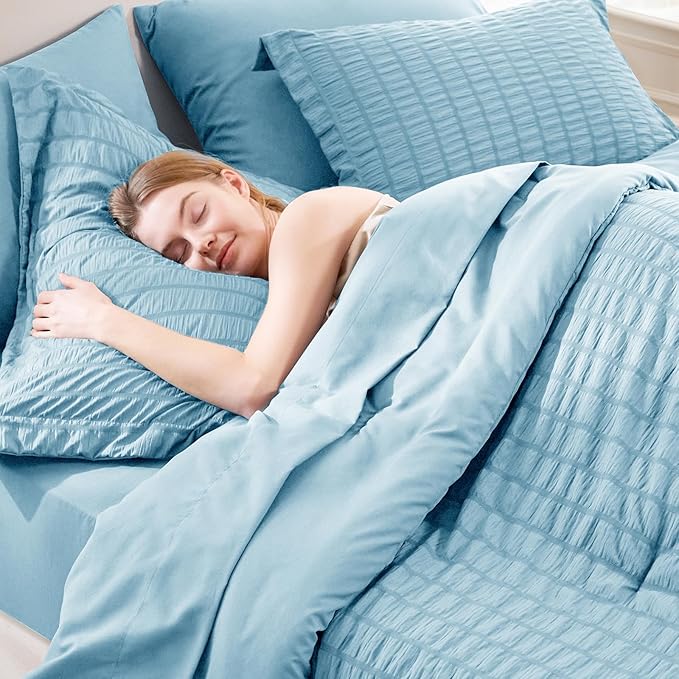 CozyLux Full Size Comforter Sets with Sheets 7 Pieces, Sky Blue Seersucker Bed in a Bag Textured Luxury Soft Bedding Set with Down Alternative Comforter, Sheets, Pillowcases & Shams for All Season