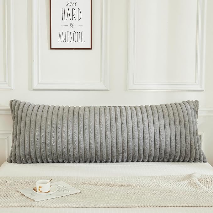 JAUXIO Faux Fur Fluffy Body Pillow Cover Luxury Textured Vertical Stripe Plush Decorative Body Pillowcase, Ultra Soft and Cozy Zipper Closure 21 x 54 Inches, Light Grey