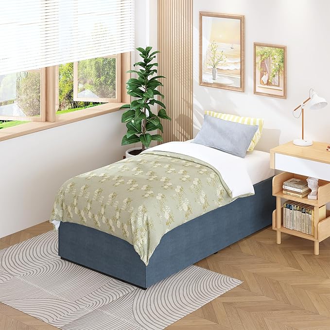 Lutown-Teen 18 Inch Twin Bed Frames with Cover Skirt, Heavy Duty Metal Twin Size Platform Bed Frame No Box Spring Needed, Noise Free, Easy Assembly, Black and Blue
