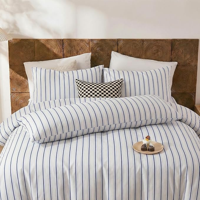Merryword Queen Size Pillowcases, 100% Cotton Pillow Cases, Blue and White Striped Pillowcases, Luxury Linen Like Pillowcase, Soft Breathable Wide Stripes Pillow Covers, Set of 2