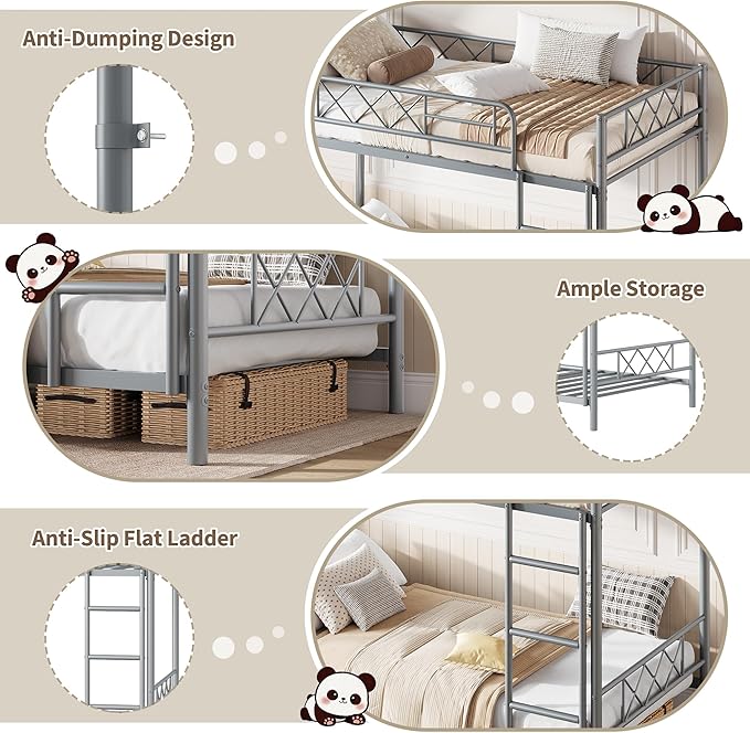 Garvee Bunk Bed Twin Over Twin with Extra High Guardrail, Heavy Duty Metal Frame & Sturdy Slats, No Box Spring Needed, Space Saver, Gray