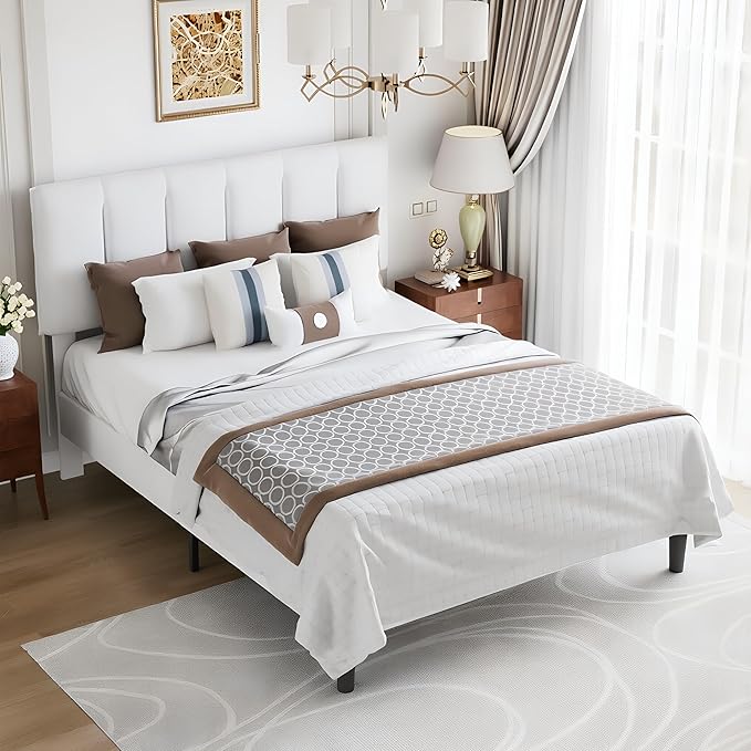 VECELO Full Bed Frame with Upholstered Headboard, Heavy-Duty Platform Bedframe with Strong Wooden Slats Support, No Boxing Spring Needed, Pure White
