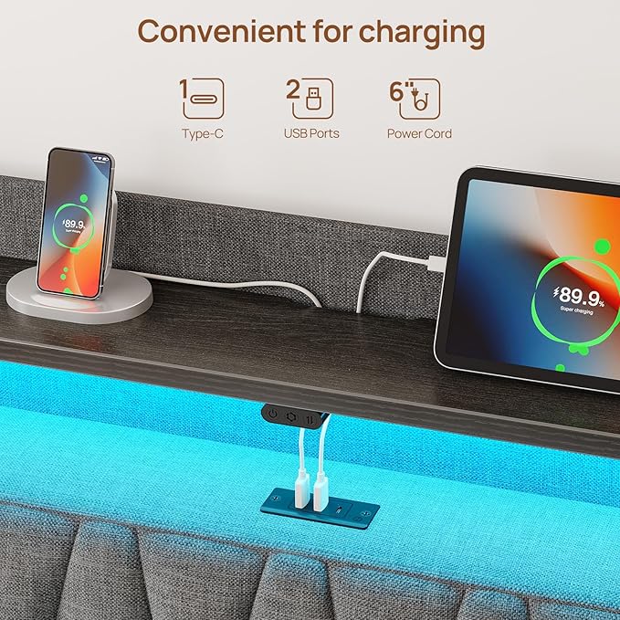 Rolanstar Twin Bed Frame with Drawer, Storage Headboard with Charging Station and LED Lights, Upholstered Bed with Heavy Duty Wood Slats, No Box Spring Needed, Noise Free, Easy Assembly, Dark Grey