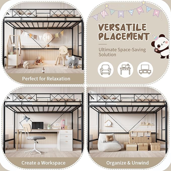 Garvee Loft Bed Twin Size with Arched Safety Guardrail & Safety Ladder, Heavy Duty Metal Frame with Sturdy Steel Slats, No Box Spring Needed, Space Saving for Compact Rooms, Matte Black