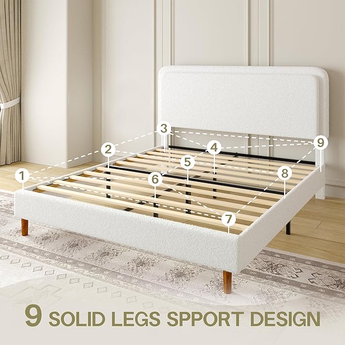 Queen Size Boucle Platform Bed Frame with Adjustable Headboard, Upholstered Cloud Bed, Solid Wooden Legs, Easy Assembly, No Box Spring Needed, White
