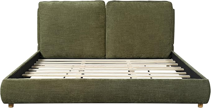 Merax California King Size Boucle Fabric Upholstered Platform Bed with Two Removable Pillow Headboard, Wood Bed Frame with Solid Round Legs for Kids Teens Adults, Olive Green