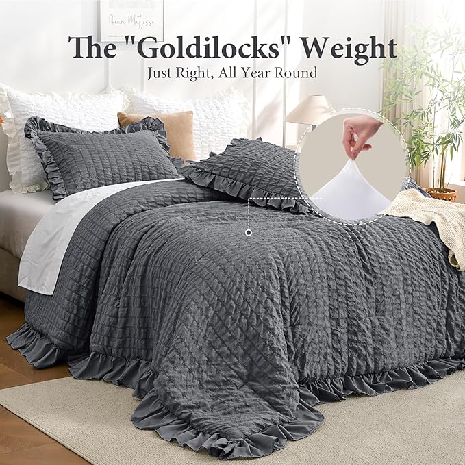 JOLLYVOGUE Dark Gray Queen Comforter Set, 3 Pieces Seersucker Bedding Comforter Sets, All Season Bed in a Bag Queen, Lightweight & Fluffy Queen Bedding Set with 1 Comforter, 2 Ruffle Pillowshams