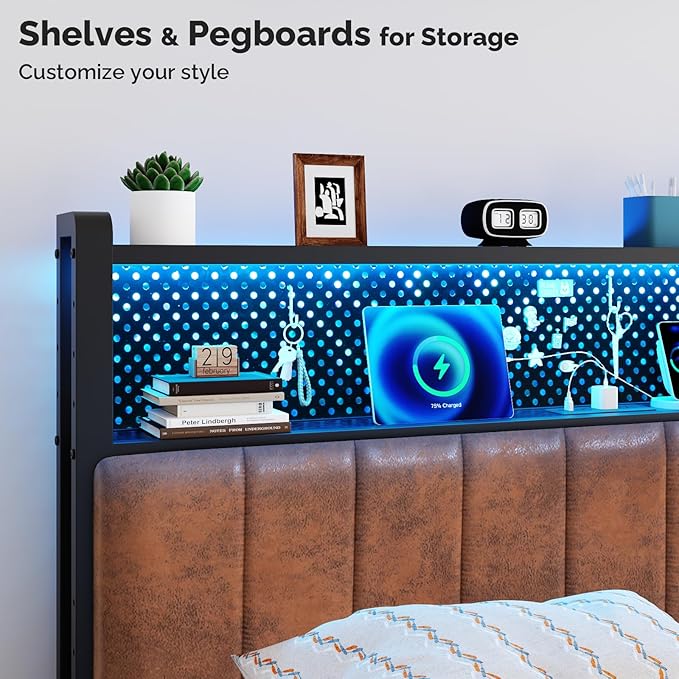 VINGLI Full Size Headboard for Bed with Storage, Upholstered Head Board with Charging Stations and LED Light, 2 Tier Shelves and Pegboard,Height Adjustable,Industrial Brown