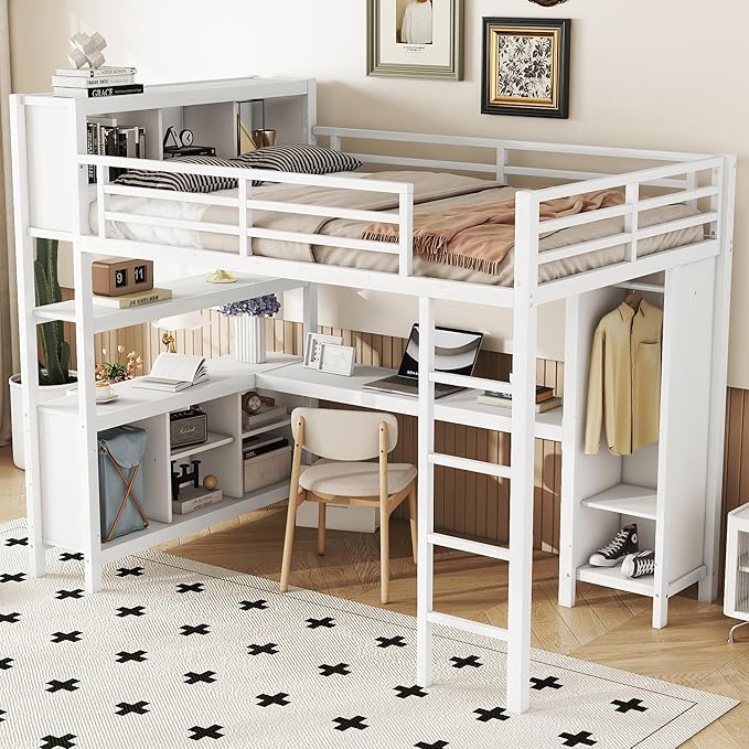 Full Size Loft Bed with L Shaped Desk, Wardrobe and Storage Shelves, Metal Heavy Duty Loft Bed Frames with Ladder and Guardrails for Kids, Teens, Juniors, Space Saving (White, Full)