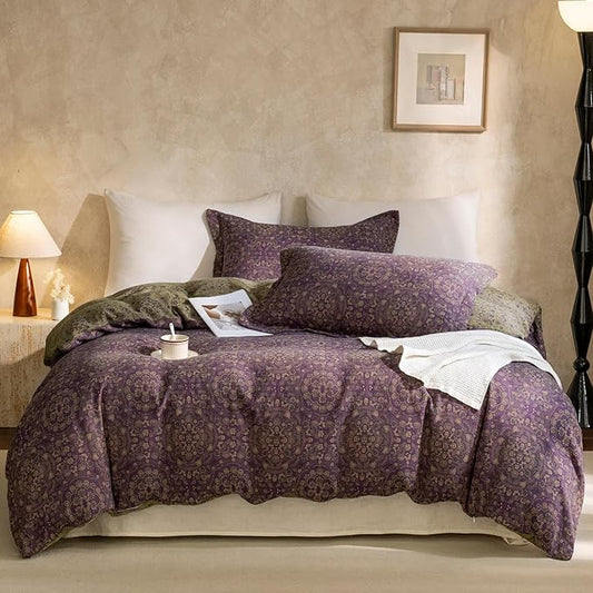 VM VOUGEMARKET Full Duvet Cover Set Purple Green Floral Pattern,3 Pieces Reversible Boho Medallion Jacquard Flower Bedding Set,Linen Cotton Yarn-Dyed Textured Duvet Cover with Zipper Closure