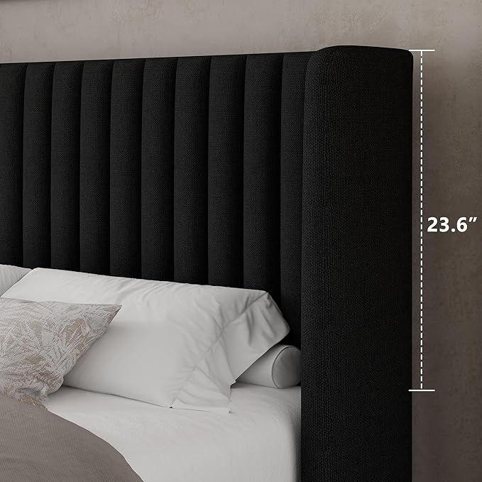 Feonase Full Size Lift Up Storage Bed Frame, Linen Upholstered Platform Bed with Wingback Headboard, Hydraulic Storage, No Box Spring Needed, Black