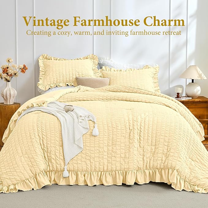 JOLLYVOGUE King Size Comforter Set, 3 Pieces Light Yellow Seersucker Comforters King Size, Lightweight & Fluffy Bedding Sets King for All Season with 1 Ruffle Comforter and 2 Ruffle Pillowshams