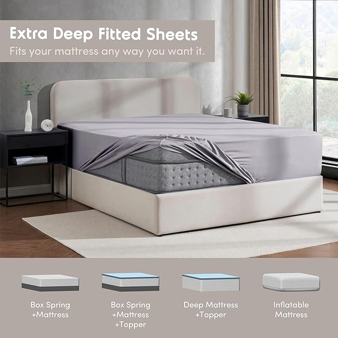 Nestl Grey Lavender Extra Deep Pocket King Fitted Sheet Only, Hotel Luxury King Size Fitted Sheets Easily Fits 18 to 24 Inch Mattress, Super Soft, Wrinkle-free, and Breathable Sheets with Corner Strap