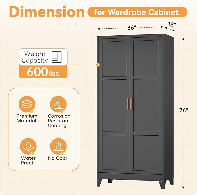 INTERGREAT 71” H Metal Wardrobe Cabinets with 2 Doors, Large Clothing Storage Cabinets with Hanging Rod and Adjustable Shelves, Closet for Home Living/Laundry Room/Department (Black)