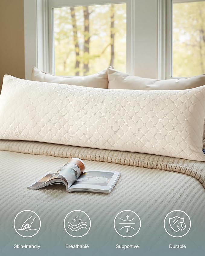 YZ HOME Long Body Pillow for Adults, Firm Body Pillow Shredded Memory Foam, Adjustable Height,Support for Side Sleeping & Pregnant Women (Beige, 20x54 Inch)