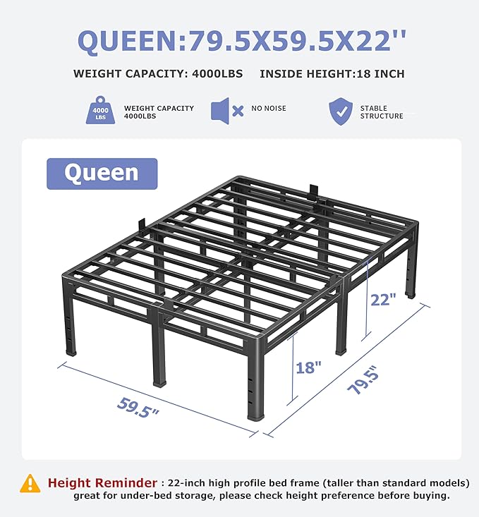 NKZ 22 Inch Queen Size Bed Frame, Metal Bed Frame & Box Spring 2 in 1 Platform with Round Corner Legs, 4000Lbs Heavy Duty Metal Frame, Mattress Slide Stopper, Headboard Hole, Noise-Free, Easy Assembly