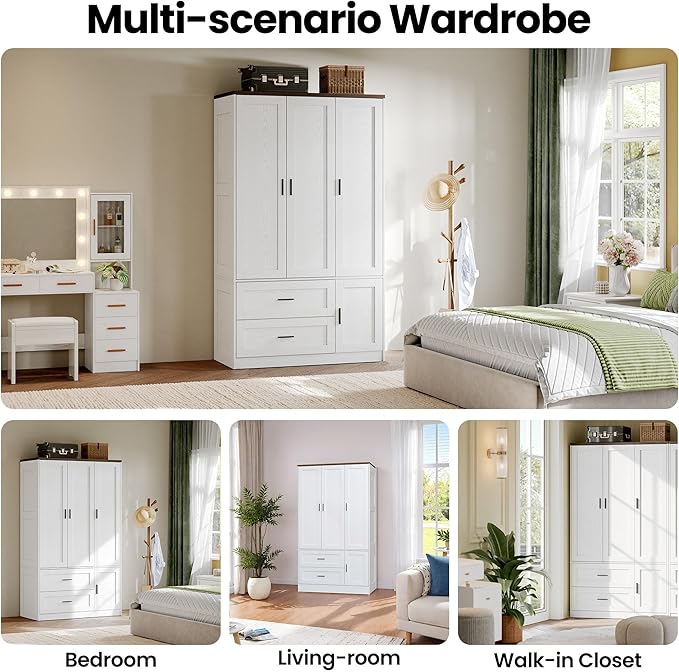 ANCTOR Freestanding Wardrobe Closet 70.6" H, Tall Armoire Wardrobe Closet 3 Doors with Hanging Rod, Drawers, Adjustable Cube Shelves and a Closed Cabinet Organizer Modern Bedroom Clothes Cabinet