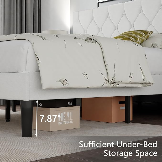 VECELO Full Size Bed Frame with Button Tufted Headboard, Upholstered Platform with Wooden Slat Support, No Box Spring Needed, White