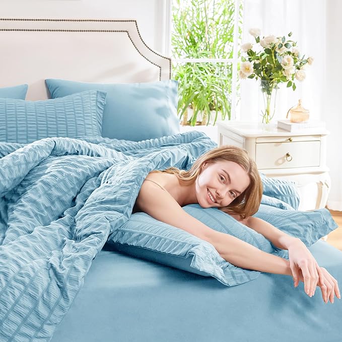 CozyLux King Size Comforter Set Sky Blue Seersucker 7 Pieces Bed in a Bag King Comforter Set with Sheets, Luxury Soft Bedding Sets with Down Alternative Comforter, Sheets, Pillowcases & Shams
