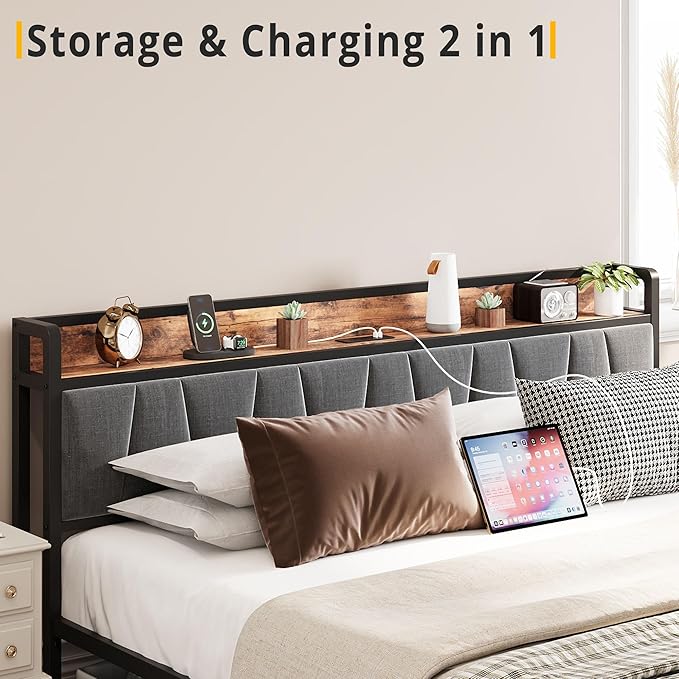 LIKIMIO Queen Bed Frame, Storage Headboard with Charging Station, Platform Bed with Drawers, No Box Spring Needed, Easy Assembly, Vintage Brown and Gray