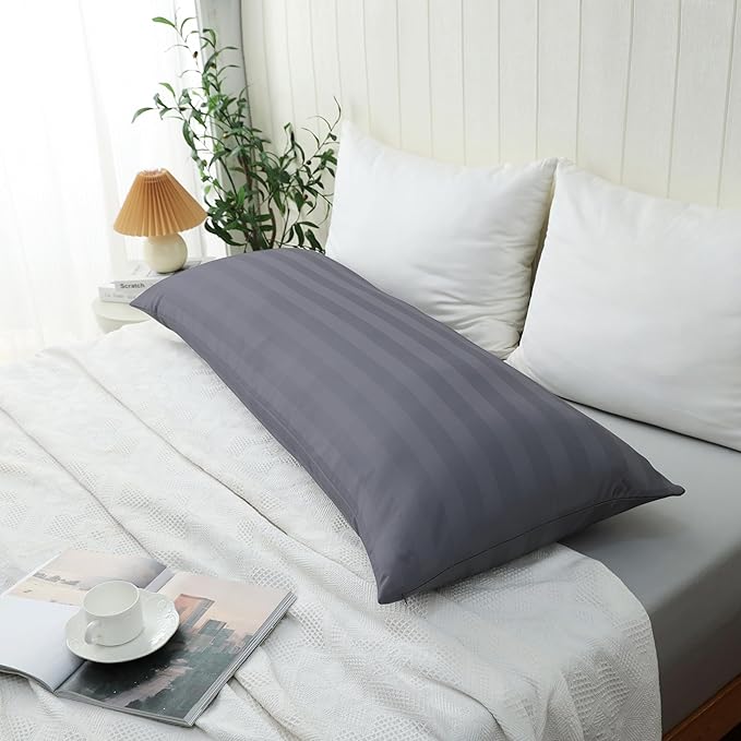100% Cotton Soft Body Pillow Protectors with Invisible Zipper 20X54 Inches Body Pillow Cases, 600 Thread Count Soft Pillow Cases, Striped Dark Grey Color 1-Pack