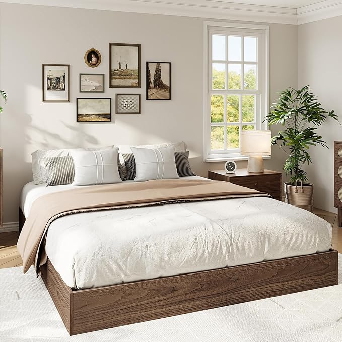 IDEALHOUSE Platform Bed Frame California King,Wooden Slat Support,No Box Spring Needed, Easy Assembly, Walnut