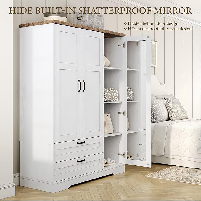 Yechen 3-Door Wooden Armoire Wardrobe Closet with Drawers and Shelves, Bedroom Armoires Closet with Mirror for Hanging Clothes, Coat, Farmhouse Wardrobe Cabinet for Large Storage Needed