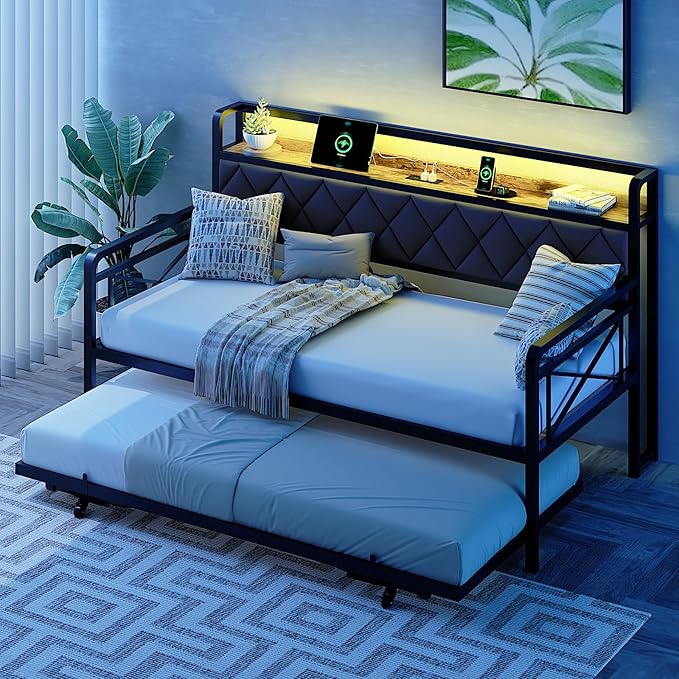 VINGLI Twin Daybed with Pop-up Trundle Bed, Day Bed with LED Light & Charing Station, Upholstered Bed Frame with Storage Headboard and Heavy Duty Metal Slats, Living Room, Bedroom, Guest Room, Gray