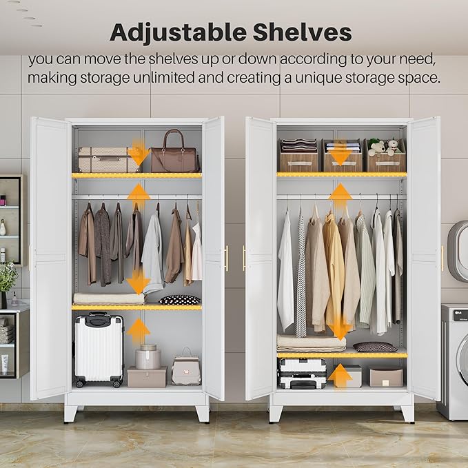 winiowa Metal Armoire Wardrobe Closet with 2 Doors, 71" Wardrobe Cabinet with Adjustable Shelves and Hanging Rod, Clothing Storage Cabinet Closet for Bedroom-White