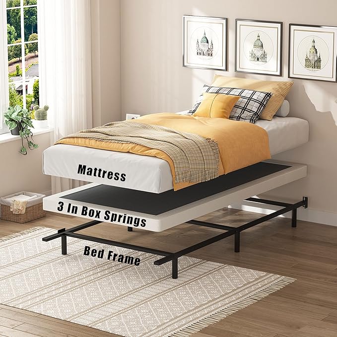 SHOANED Twin Size Box Springs - 3 Inch Low Profile Mattress Foundation No Noise Heavy Duty Metal Basics Bed Base with Clean Fabric Cover, Easy Assembly