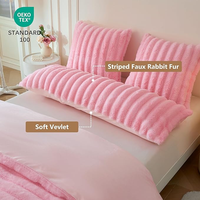 MEGO Fluffy Faux Rabbit Fur Body Pillow Cover, Soft Plush Fuzzy Wide Striped 20x54 Body Pillowcase with Zipper, Home Decorative Shaggy Furry Ribbed Long Pillow Cover for Bed Couch Sofa Bedroom, Pink