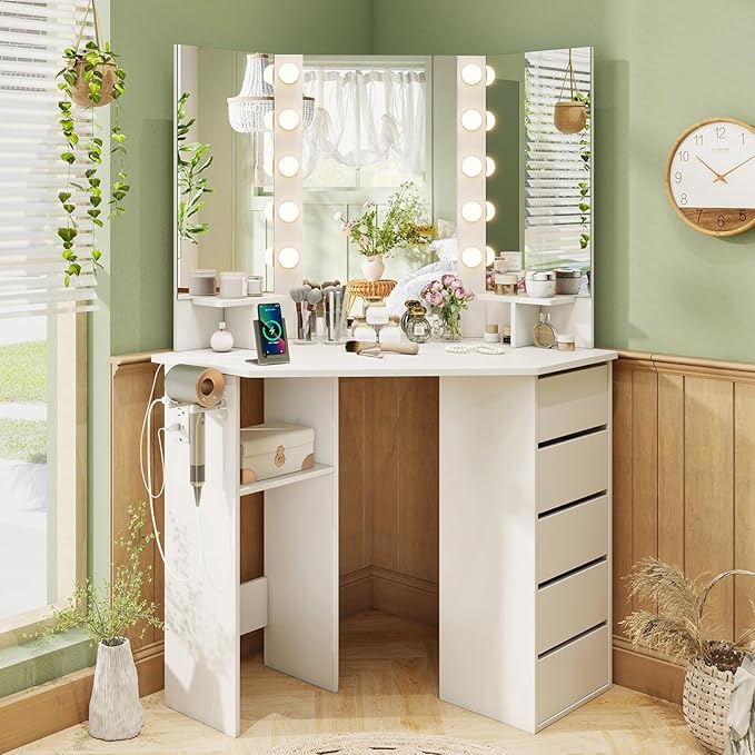 CHARMAID Corner Vanity Desk with Mirror and Lights, White Makeup Vanity Table with 5 Drawers, Storage Shelves, Charging Station, 3 Lighting Modes, Compact Vanity Dressing Table for Small Space