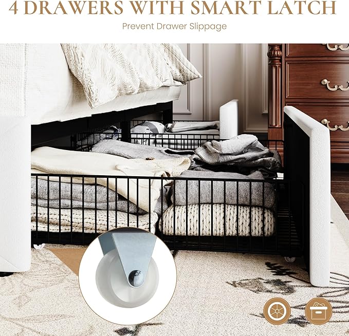 SHA CERLIN Queen Platform Bed Frame with 4 Oversized Storage Drawers, Adjustable Headboard with Velvet Upholstery, Square Button Tufted Design, Wooden Slat Support, No Box Spring Needed, White