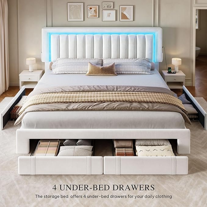 YITAHOME Queen Size Bed Frame with Adjustable Headboard, 4 Storage Drawers and RGB LED Lights, Velvet Upholstered Platform Bed with USB Ports, No Box Spring Needed, Fast Assembly, Noise-Free, White