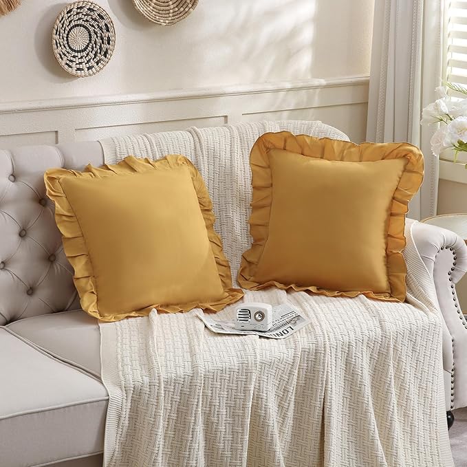 Merryword Mustard Yellow Pillowcases 18x18 Throw Pillow Covers Pack of 2 Soft Microfiber Ruffle Decorative Pillowcase Cushion for Couch Sofa Bedroom
