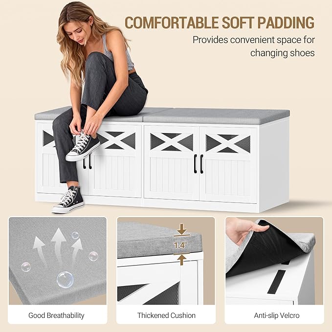 Hzuaneri 2 Tier Shoe Storage Bench with Doors, 59" Farmhouse Shoe Bench with Padded Cushion, 12-16 Pairs of Bed End Bench, Entryway Bench with Storage for Bedroom, Living Room, White SB61503X