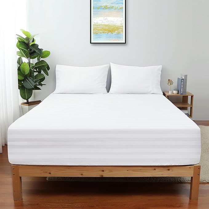 2-Pack Pure Cotton Fitted Sheet Twin Size, 600 Thread Count 16" Deep Pocket Egyptian Cotton Fitted Sheet (2pcs, Twin, Stripted White)