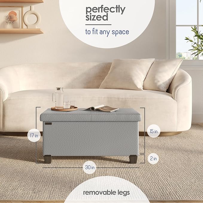 Storage Ottoman Bench with Bins, 30-in Storage Bench for Bedroom End of Bed, Folding Foot Rest Ottoman for Living Room Max 660lbs, Leather Ottomans, Light Grey