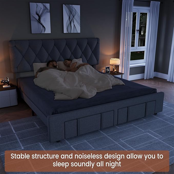 GarveeHome Full Size Bed Frame, Upholstered Platform Bed Frame with Storage Drawers, Mattress Foundation with Solid Wooden Slats Support, No Box Spring Needed, Grey