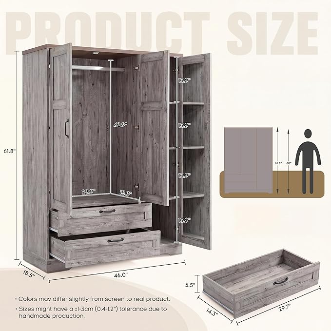 XIAO WEI Armoire Wardrobe Closet with 3 Door, Bedroom Wooden Armoires with Full Length Mirror, Large Clothing Storage Cabinet 2 Drawers, Hanging Rod, Shelves (Gray, 3 Door)