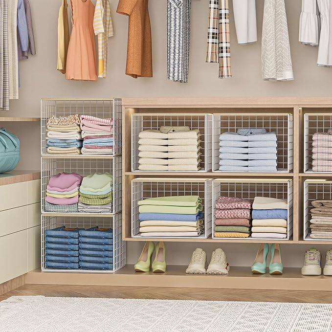 Extra-Long Closet Organizers and Storage with Top Board, 3 Pack Stackable Closet Shelf Organizer, Double Storage Design, Clothes Storage Cube/Bin/Basket for Wardrobe, Space-Saving, White,Sturdy,Metal