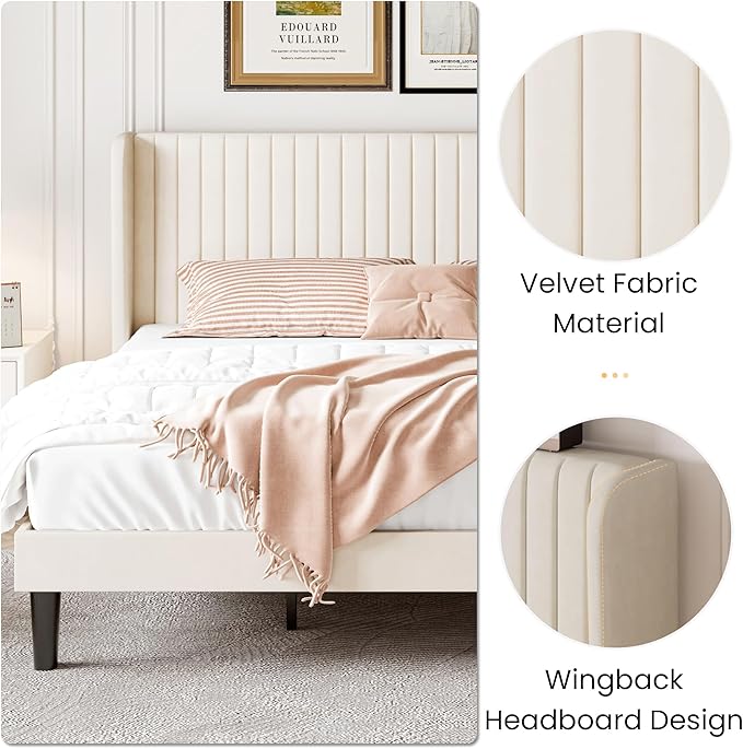 SHA CERLIN King Size Velvet Bed Frame with Vertical Channel Tufted Wingback Headboard, Upholstered Platform Bed with Wood Slats, No Box Spring Needed, Easy Assembly, Cream White