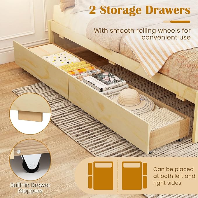 Giantex Full Size Bed Frame with 2 Storage Drawers, Solid Wood Platform Bed with Slats Support, Heavy Duty Daybed with Storage, No Box Spring Needed, Full Bed Frames for Teens Adults, Natural