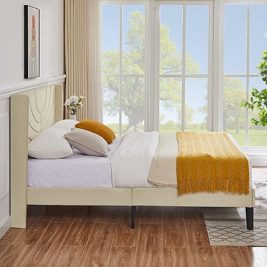 VECELO Upholstered Platform Full Bed Frame with Fabric Headboard,Wooden Slats Support/No Box Spring Needed/Mattress Foundation,Beige